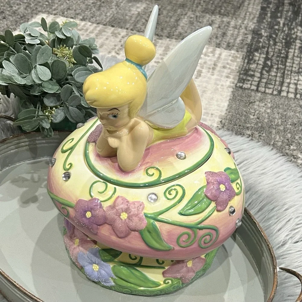 Disney Tinkerbell‎ Mushroom Cookie Jar With Jewels And Flowers Read***